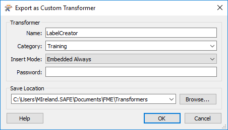 Export as Custom Transformer dialog